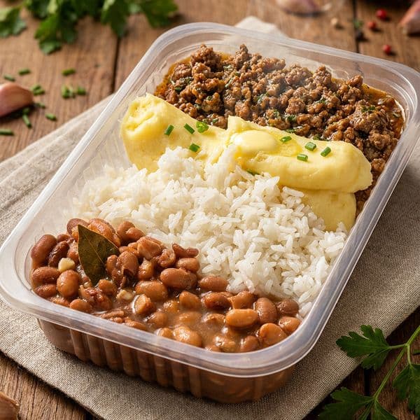 Carne Moída com Arroz, Purê de Batata e Feijão