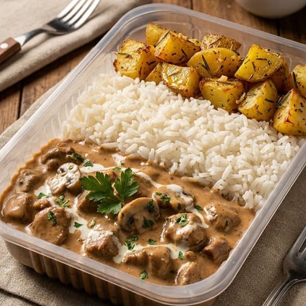 Strogonoff de Carne com Arroz branco e Batata assada
