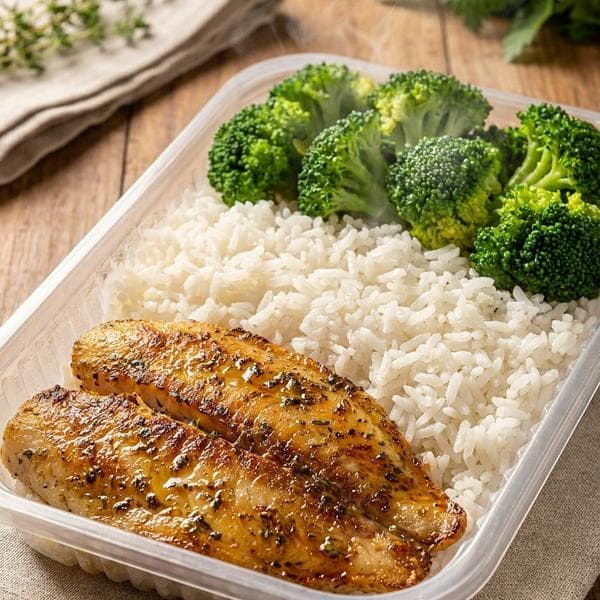 Tilápia grelhada com Arroz branco e brócolis