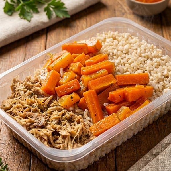 Pernil com Arroz integral, Cenoura e feijão
